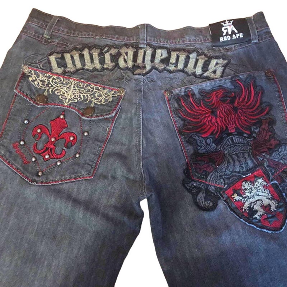 RED APE jeans Embroidery  Streetwear COURAGEOUS 41x33 Rap Wide leg Baggy